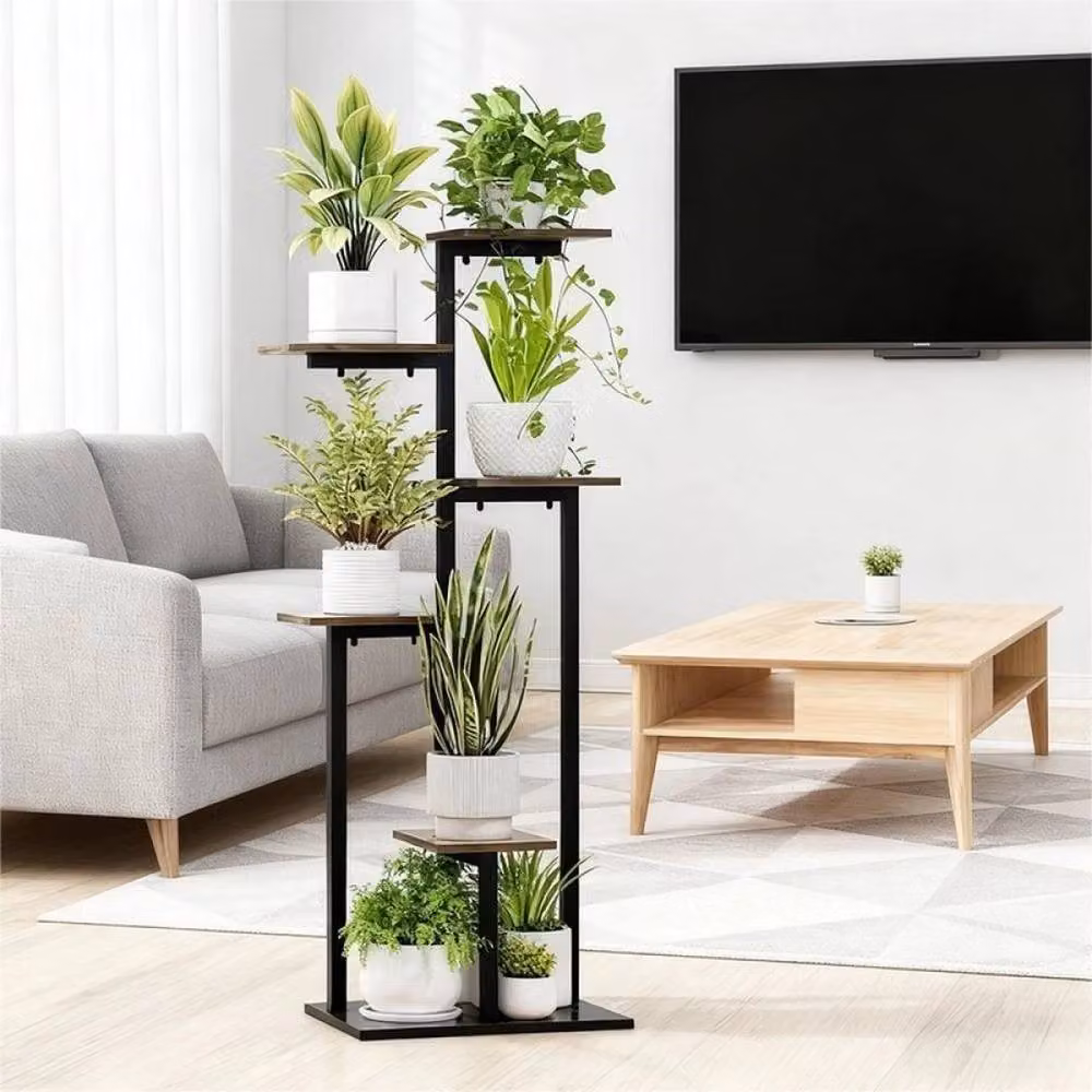 FLAVORA Vintage Metal and Wood Plant Stand, Black, H 118 x W 40 x D 28 cm – 3