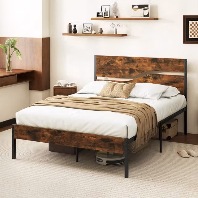 COSTWAY Industrial Metal and Wood Double Bed Frame, Brown, W/D/H: 140 x 200 cm