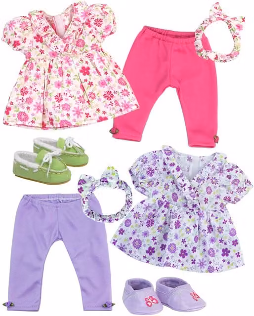 Teamson Kids Sophias 8 Piece Doll Outfit, Headband and Shoes Set for Two 15 Inch Dolls in Purple, Pink and Multicolour