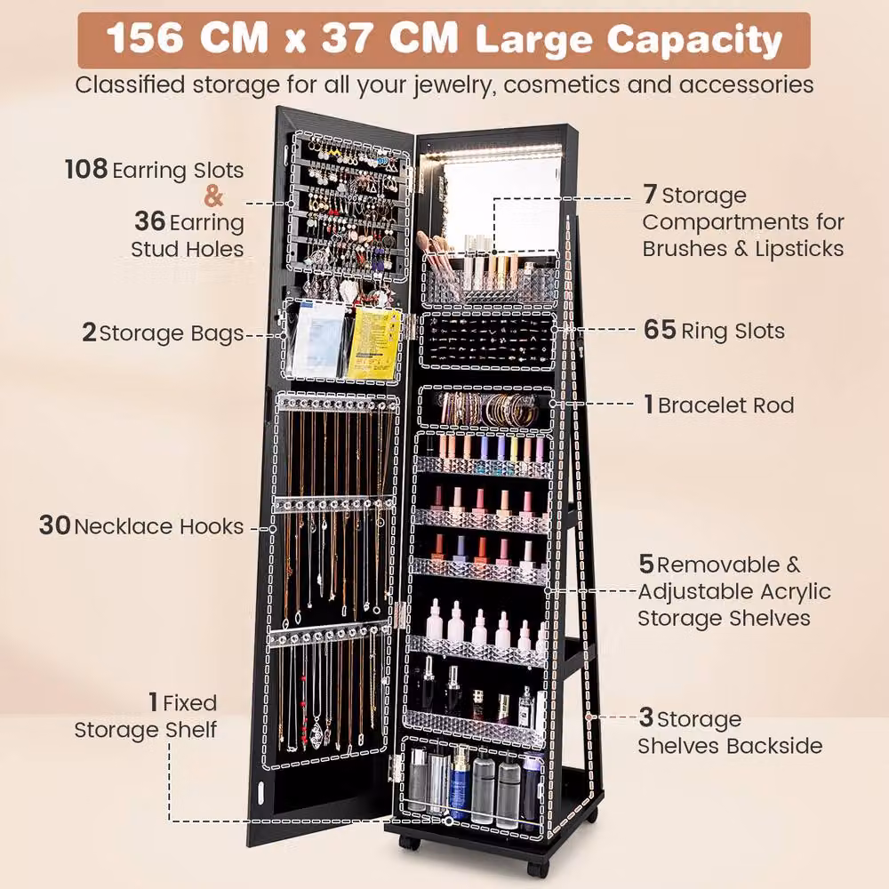Costway 3-in-1 Black Jewelry Armoire with 360 Degree Swivel Mirror, LED Lighting and Lock – 6