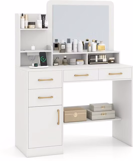 COSTWAY Modern White and Gold Vanity Desk with Charging Station