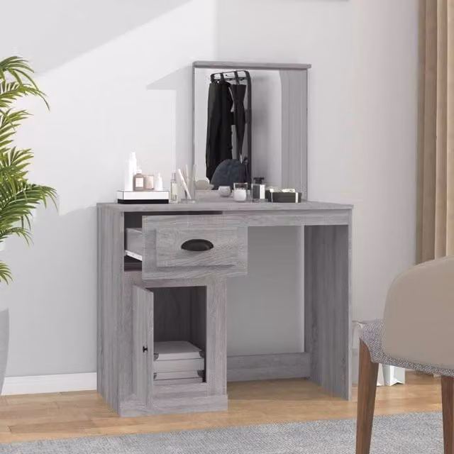 Berkfield Home Durable Dressing Table with Mirror in Grey Sonoma, W/D/H: 90 x 50 x 132.5 cm