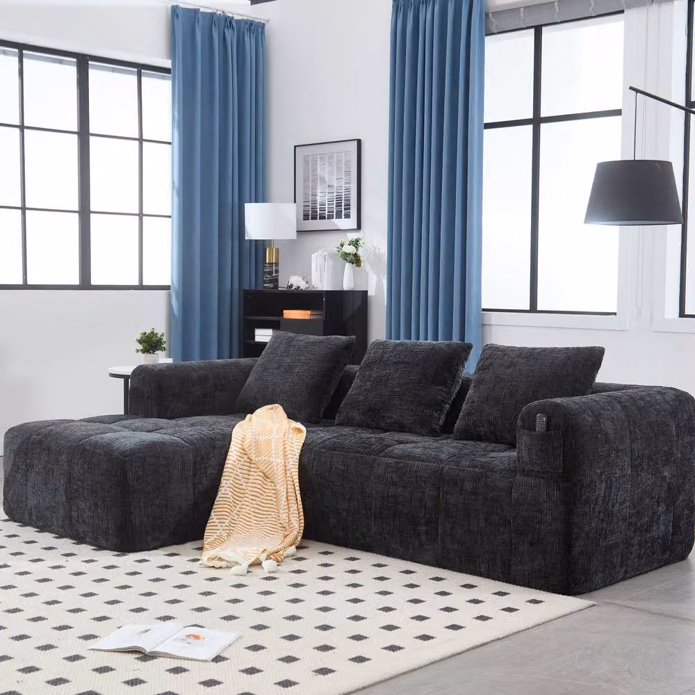 STILVORA Modular L-Shaped Reversible Sectional Sofa in Black Fabric with Scatter Cushions – 2