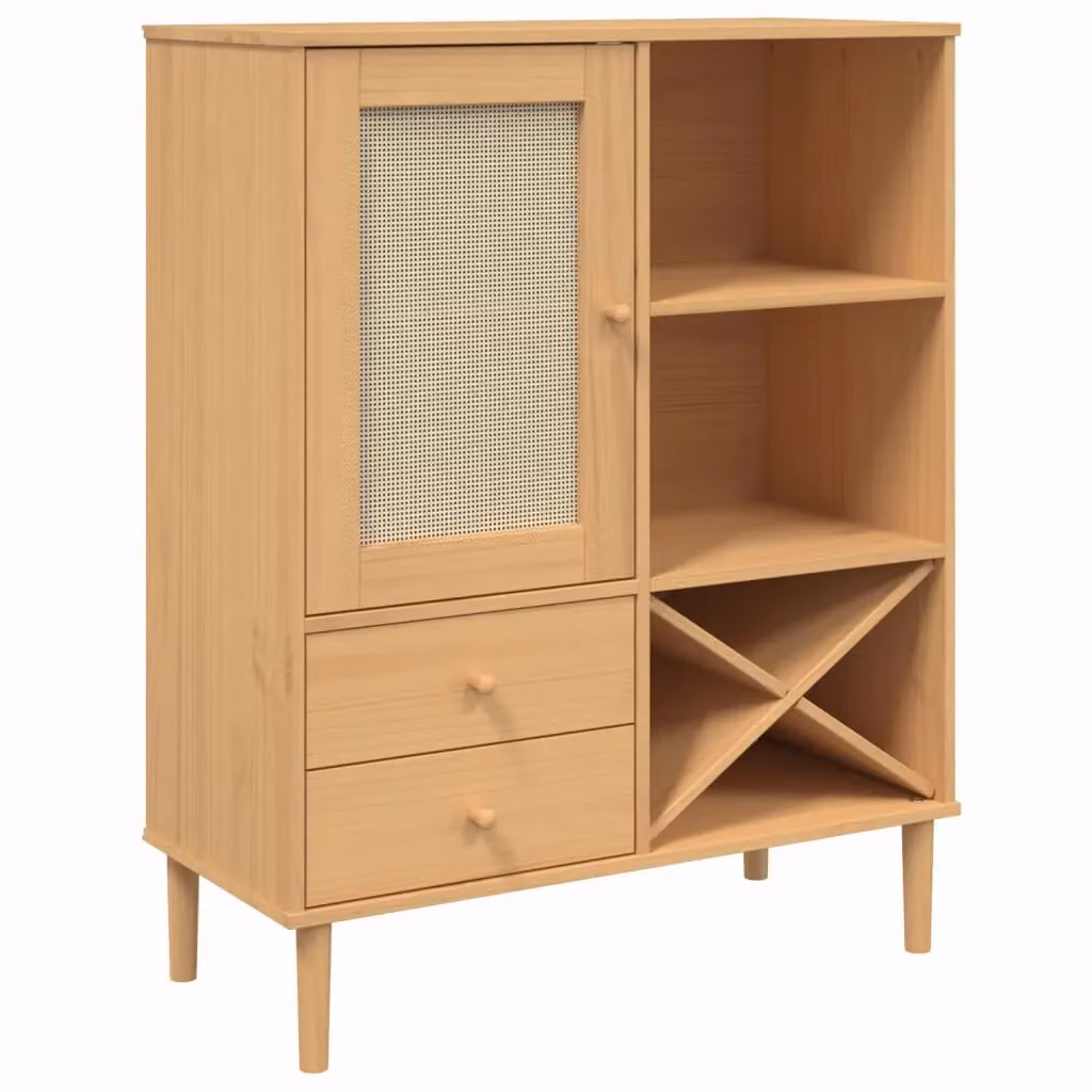 Berkfield Home Senja Highboard in Brown Rattan Look Solid Pine Wood, W/D/H: 90 x 40 x 112 cm – 2