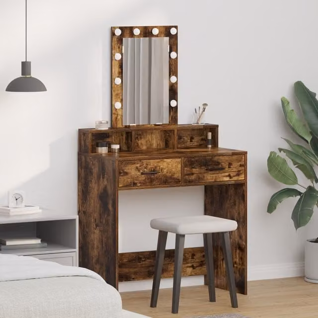 Berkfield Home Makeup Table with Hollywood LED Lights in Smoked Oak Brown, W: 79 cm, D: 41 cm, H: 140 cm – 1