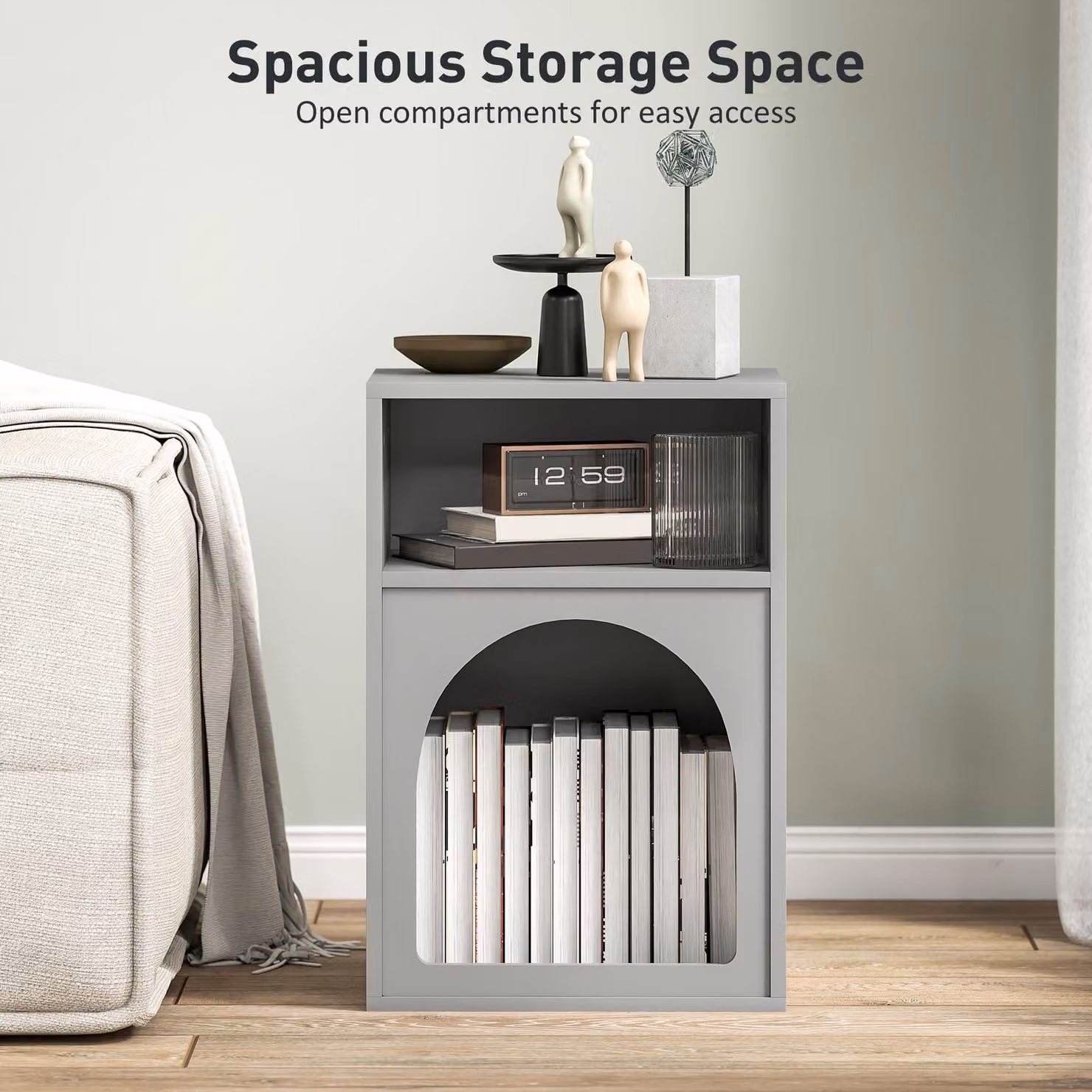 HOMCOM Modern Grey Bedside Table with 2 Open Compartments – 4