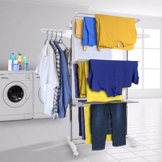 Hyfive 3 Tier Portable Clothes Drying Rack in White, Foldable with Wheels and Wing Arms, H 136 x W 60 x D 20 cm