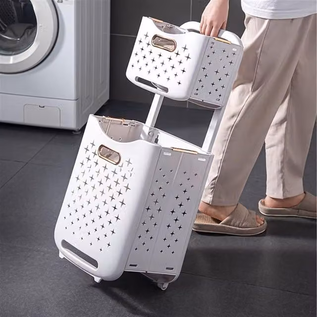 Lifeideas Multi Tier Foldable Laundry Baskets with Wheels, White, Height: 76 cm