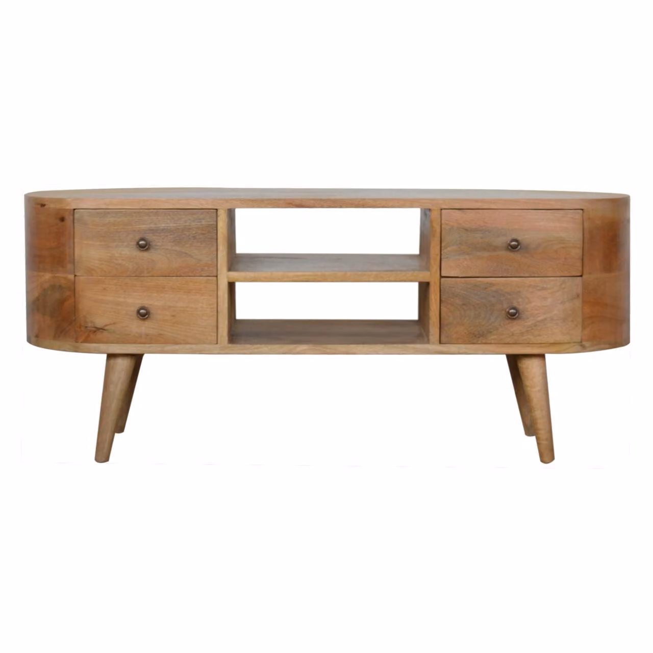 Aosom UK Solid 100% Mango Wood Rounded Entertainment Unit in Brown with 4 Drawers and 2 Open Shelves, W/D/H: 110 x 35 x 47 cm – 2