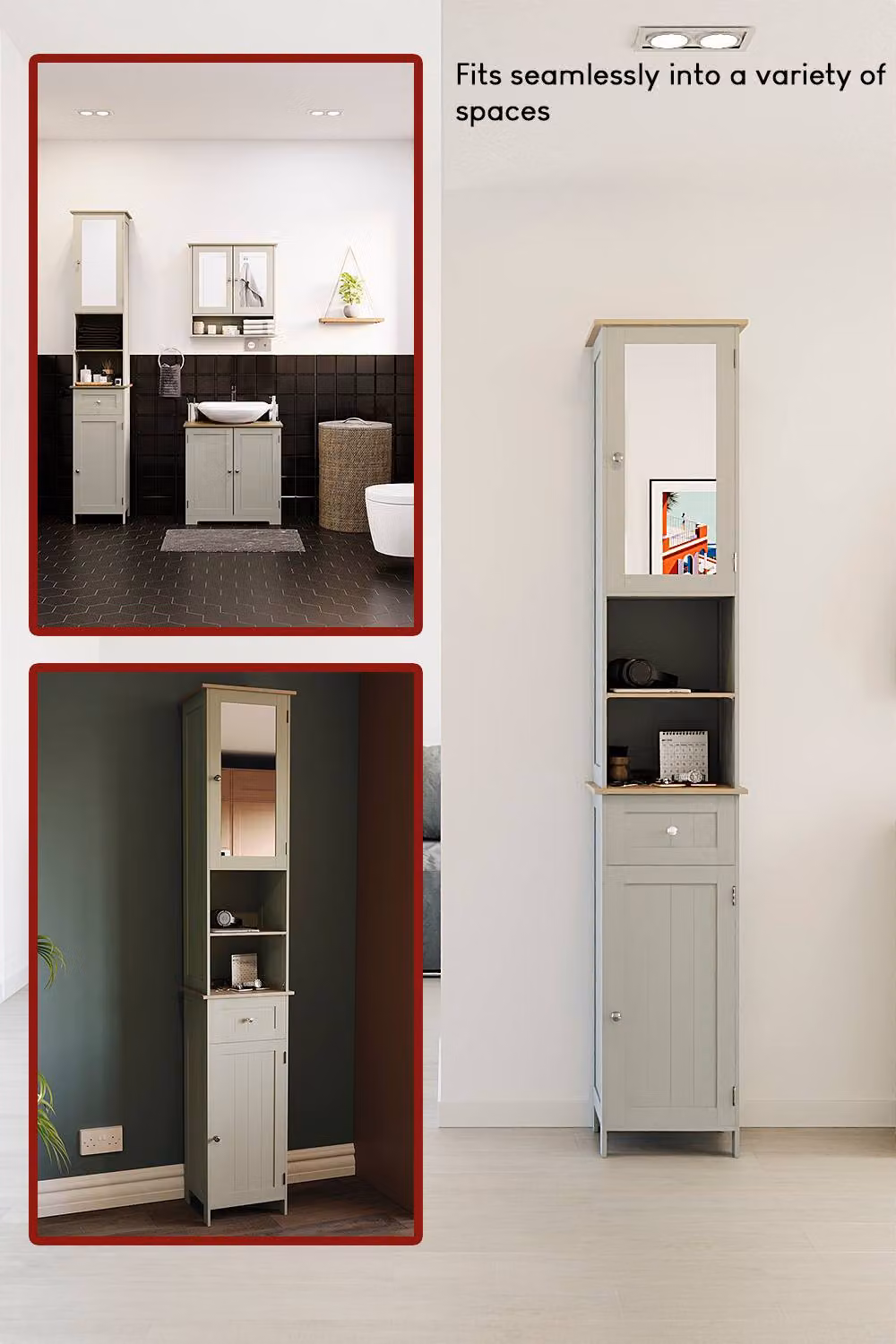 HD Designs Priano Grey Mirrored Tall Bathroom Cabinet with 2 Doors, 1 Drawer and Internal Shelves – 5