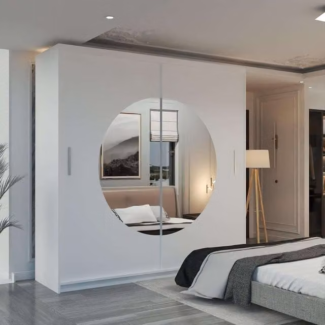 MN Furniture Milos Sliding Wardrobe with Mirror and Integrated LED Light, White, W: 150 cm, H: 217 cm