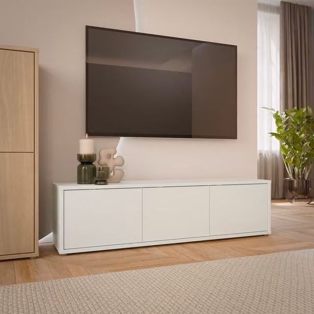 Furniture To Go Alice Springs Wide TV Cabinet with 3 Push-Open Doors in Taupe and Light Grey