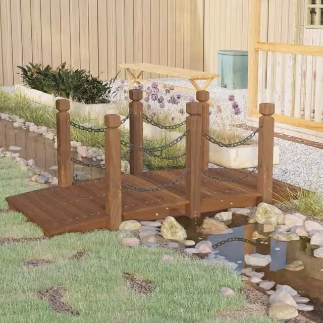 Berkfield Home Garden Bridge with Chain Railings in Brown Solid Spruce Wood, W/D/H: 150 x 67 x 56 cm