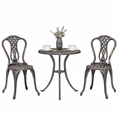 Outsunny 3 Piece Cast Aluminium Bistro Set in Bronze and Brown for Garden, Balcony or Terrace