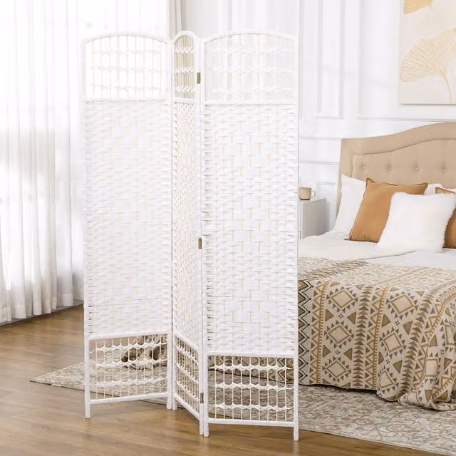 HOMCOM 4 Panel Folding Room Divider in White Bamboo and Pine Wood for Living Room, Bedroom or Home Office