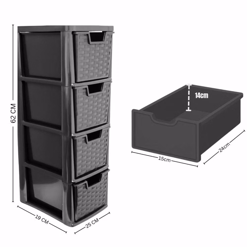 FLAVORA 2 Pack Black Rattan Effect 4-Tier Medium Drawer W/D/H: 100 x 100 x 100 cm – 2