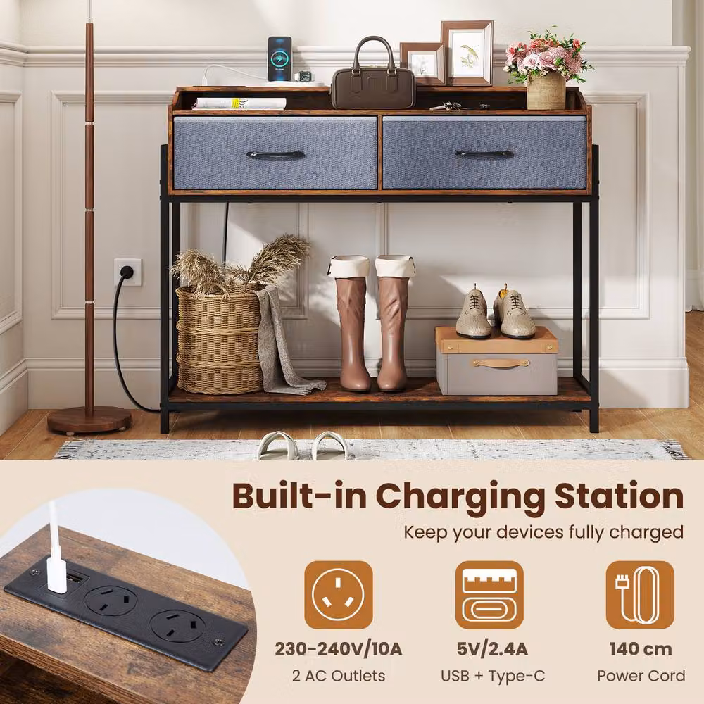 Costway Industrial Brown Console Table with Charging Station for Living Room or Hallway – 5