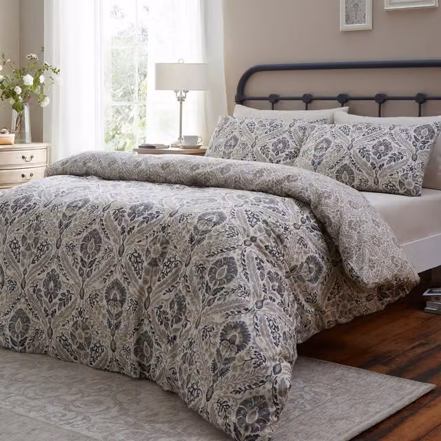 Dreams & Drapes Harriet Natural Beige Cotton Duvet Cover Bedding Set with Ogee Pattern