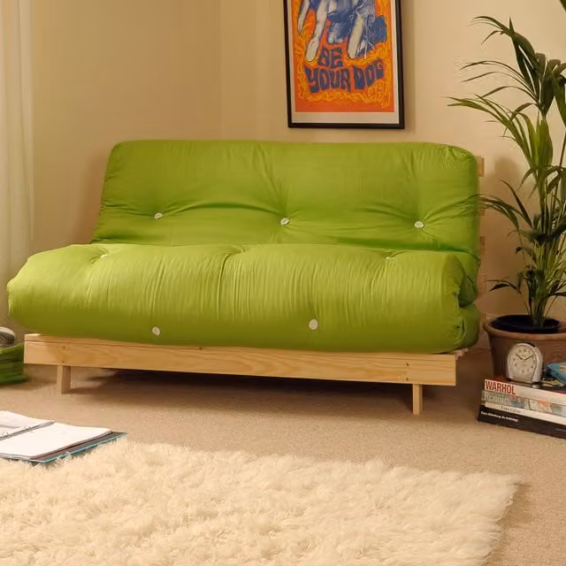 Comfy Living Lime 2 Seater Wooden Luxury Futon Sofa Bed, Green, W/D/H: 122 x 200 cm