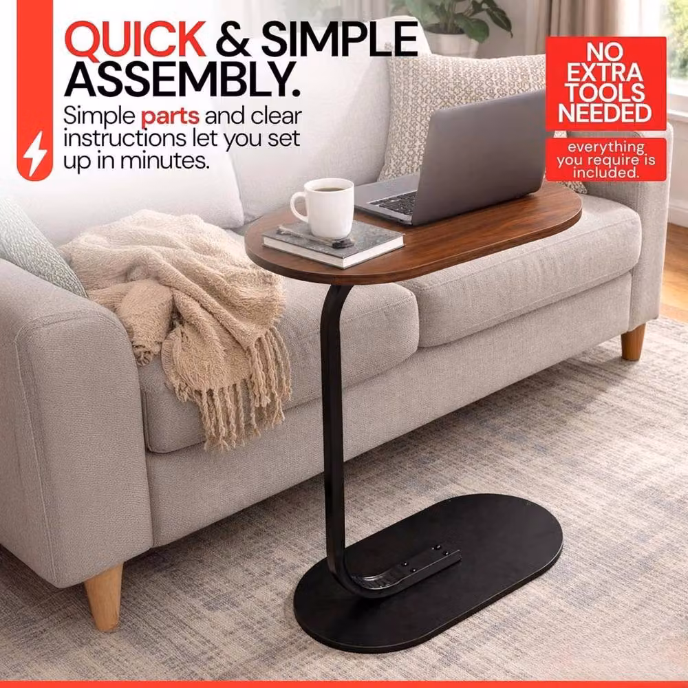 KORVIXA Brown Wooden Side Table and Laptop Desk with Oval Top and Sled Base, W/D/H: 100 x 59 x 100 cm – 3