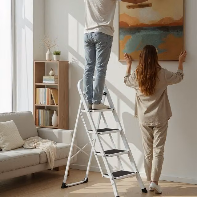 SONGMICS 4 Tier Folding Steel Step Ladder with Rubber Feet, White