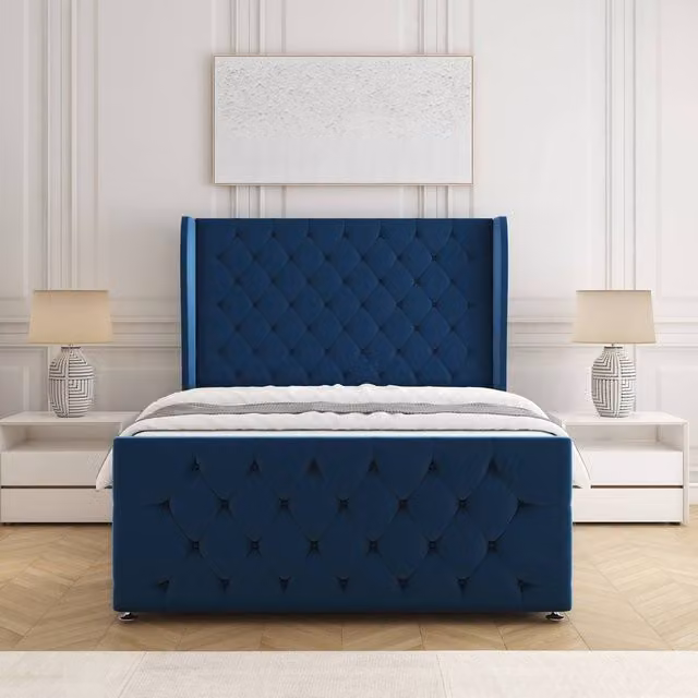 BSSPOKE Anna Plush Velvet Single Divan Bed with Headboard and Mattress in Blue, W/D/H: 90 x 190 x 30.48 cm