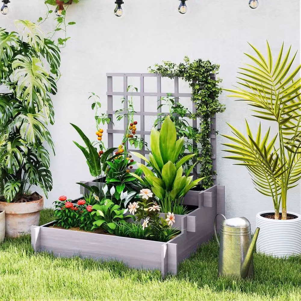 KORVIXA 3 Tier Wooden Raised Bed Garden Planter with Trellis in Grey, W/D/H: 110.0 x 95.0 x 3.0 cm – 2