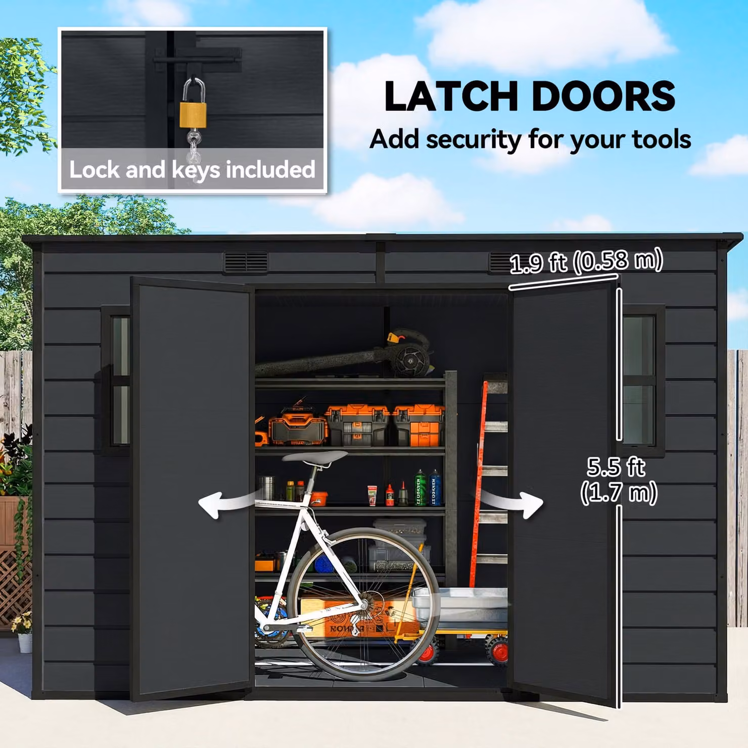 Outsunny Dark Grey Resin Garden Storage Shed with Floor, Windows, Lockable Double Doors and Side Vents, W/D/H: 305 x 184 x 184 cm – 5