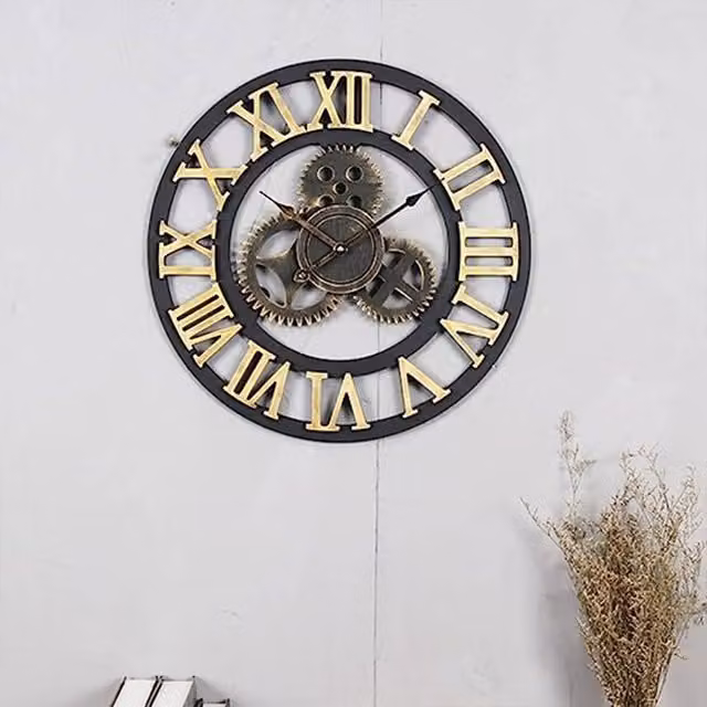 Livingandhome Rustic Black Metal Geometric Hollowed Round Analog Wall Clock with Silent Quartz Movement