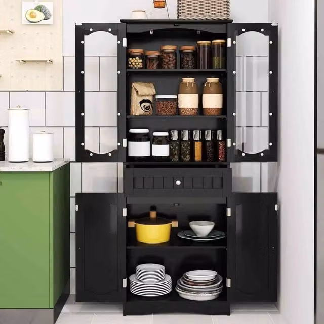 KORVIXA Modern Freestanding Black Linen Cabinet with Glass Doors and 2 Internal Shelves, W: 70 cm, H: 75 cm