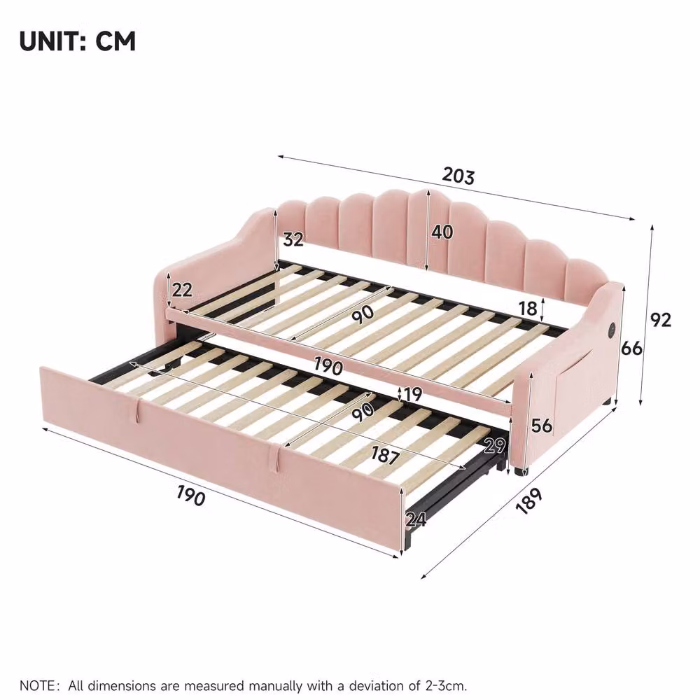 BTM Single Daybed with Pull-Out Trundle, Pink Velvet with Side Storage Pockets and USB Charging Port, W/D/H: 90 x 190 x 220 cm – 2