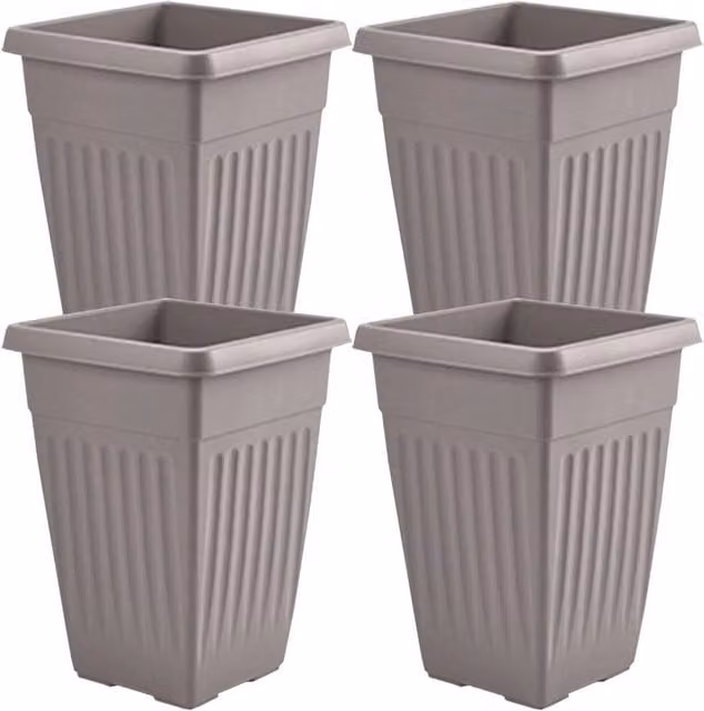 FLAVORA Pack of 4 Tall Square Plastic Garden Planter Pots in Grey