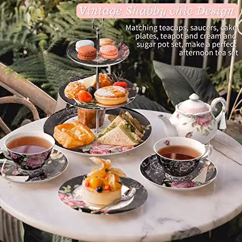 London Boutique 3 Tier Floral New Bone China Cake Stand, Black – 2