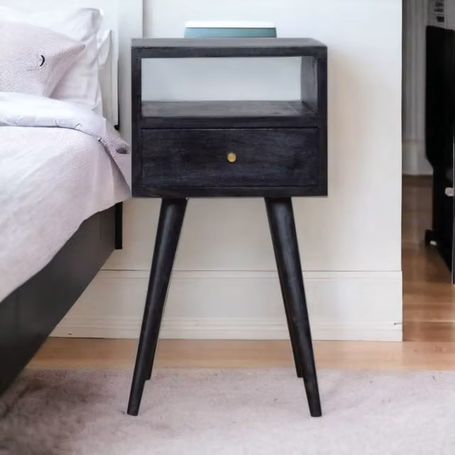 Direct Wicker Black Solid Wood Ash Bedside Table with 1 Drawer and 1 Open Slot, W/D/H: 30 x 30 x 57 cm – 1