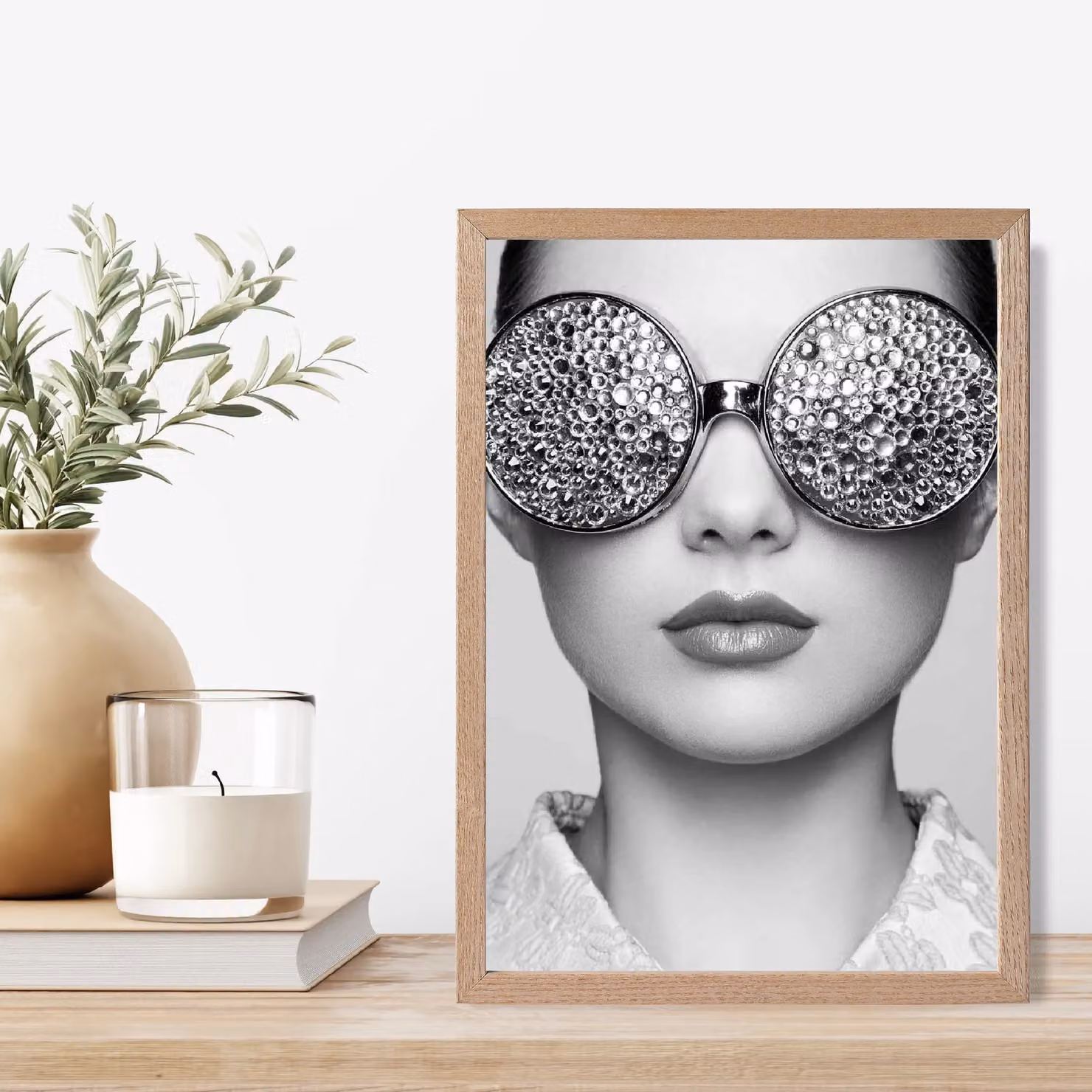 ARTZE Girl with Silver Bling Sunglasses Black and White Photo Framed Print with Oak Frame, A3 – 2