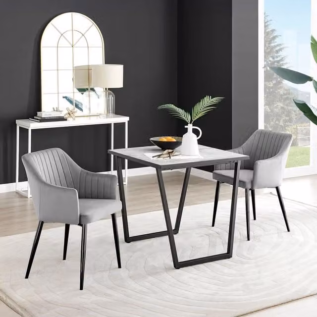 FurnitureboxUK Carson White Marble Effect Square Dining Table and 2 Grey Velvet Calla Chairs with Black Legs – 1