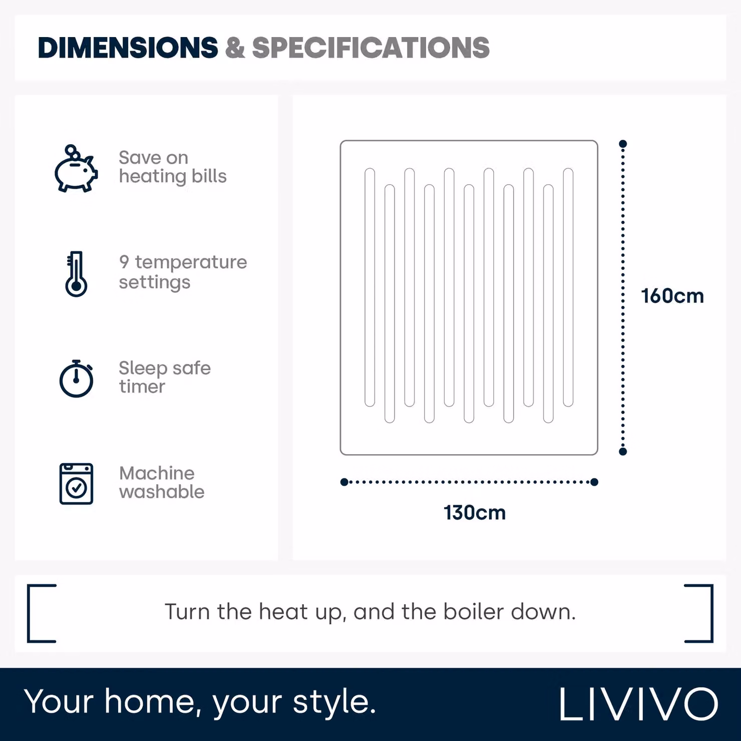 LIVIVO Electric Heated Fleece Blanket in Brown, W/D/H: 130 x 160 cm – 8