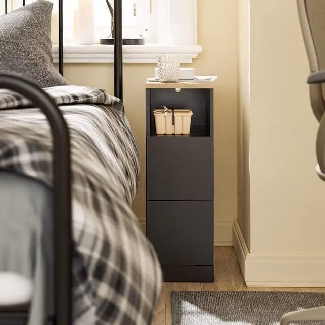 SoBuy Slim Black Bedside Table with 2 Drawers and Shelf