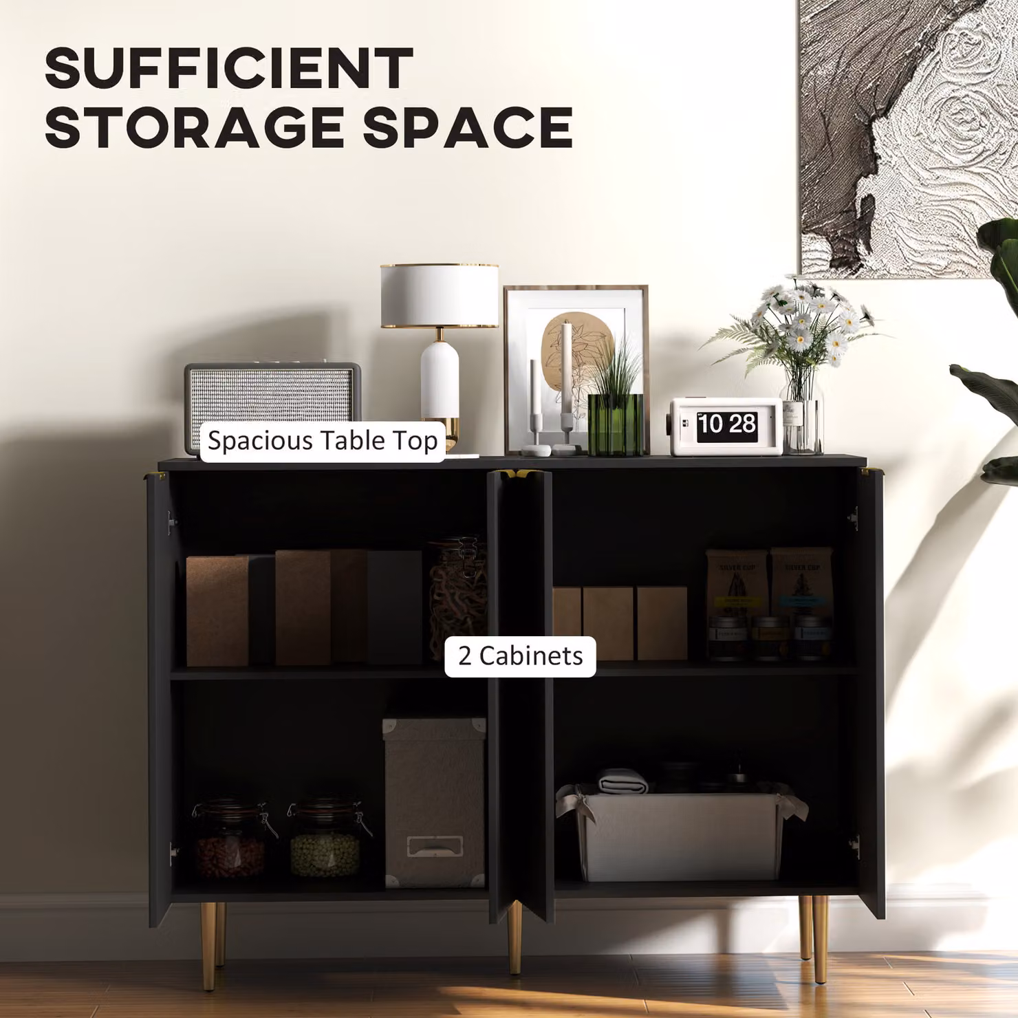 HOMCOM Modern Sideboard Buffet Cabinet in Matt Black with 4 Doors and Adjustable Shelves – 4