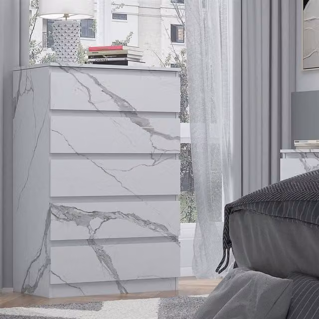 ZITA 5 Drawer Handleless Chest of Drawers in White Marble Effect, W: 107 cm, D: 40 cm, H: 70 cm