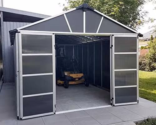 Palram Yukon Metal Tool Shed with Polycarbonate Panels and Double Doors, Grey, W: 332 cm, D: 271 cm, H: 252 cm – 4
