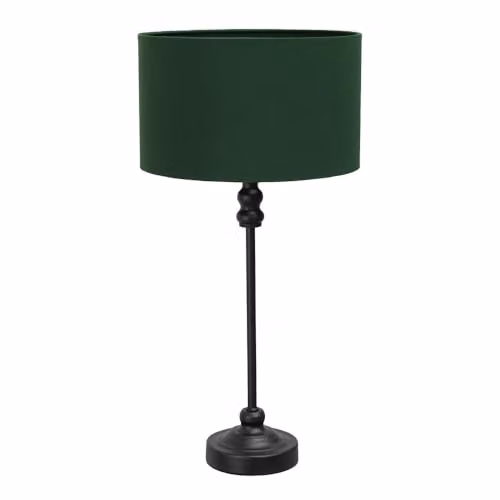 ValueLights Maggie Black Metal Candlestick Slim Table Lamp with Green Fabric Drum Shade