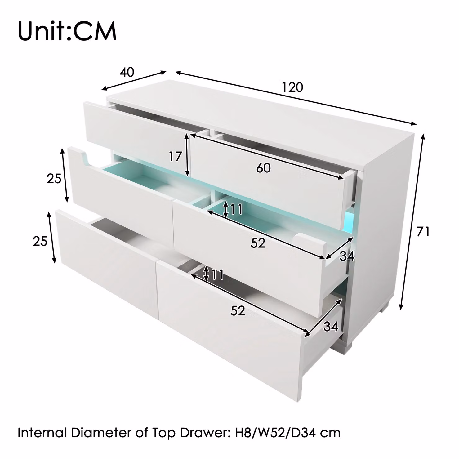 Matteo Modern Sideboard Cabinet with 6 Drawers and Integrated RGB LED Lighting, White and Silver, W/D/H: 120 x 40 x 71 cm – 2