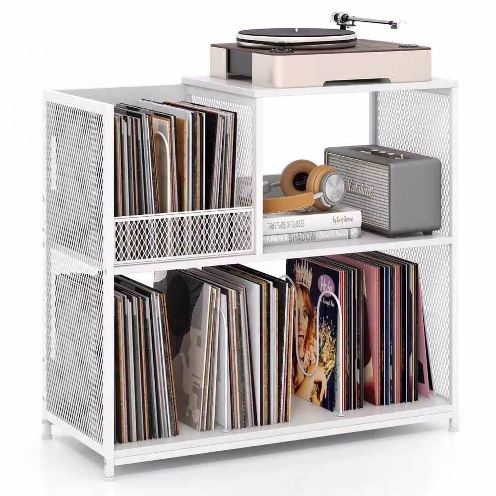 SPETLEK 3-Tier Modern White Vinyl Storage Cabinet and Record Player Stand – 3