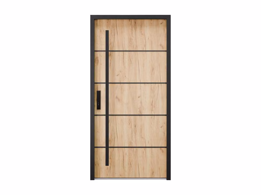Vente-unique Modern Solid Steel and Stainless Steel Front Door with Glass Insert in Light Oak, H: 207 cm, W: 100 cm – 2