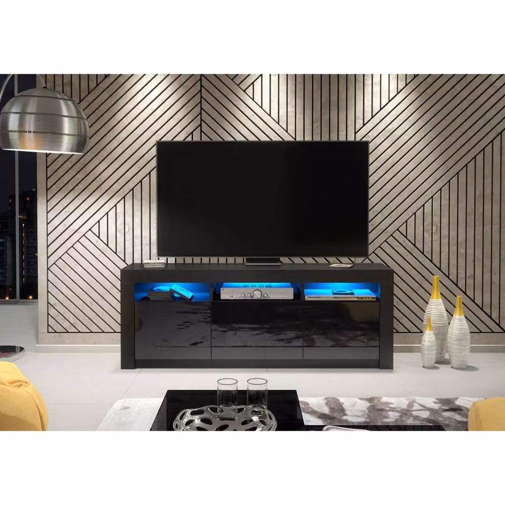 Mex Furniture LTD Shine TV Unit in Black with Glossy Doors and LED Lights, W: 160 cm, H: 60 cm, D: 35 cm – 4
