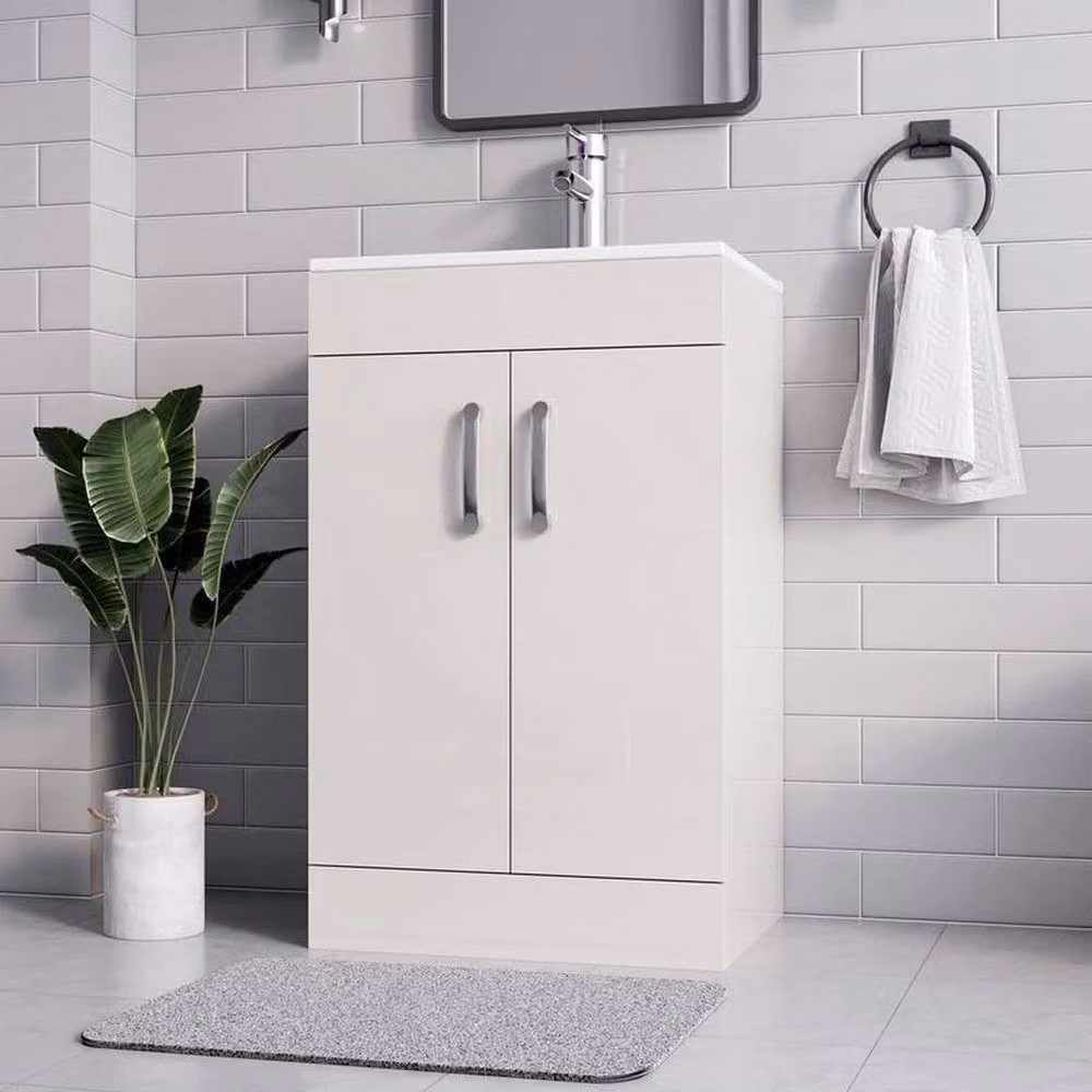 FORGEVIO White Lacquered Freestanding Bathroom Vanity Unit with Basin and Internal Shelves – 3