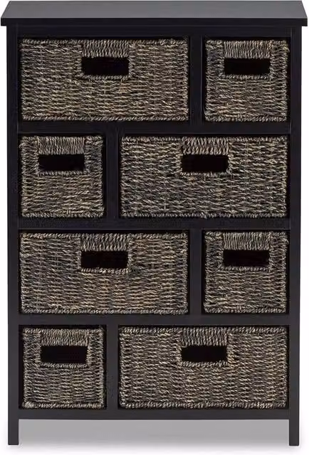 Statement Furniture Tetbury 8 Drawer Storage Unit in Black with Blackwash Seagrass Baskets, W/D/H: 80 x 34 x 56 cm