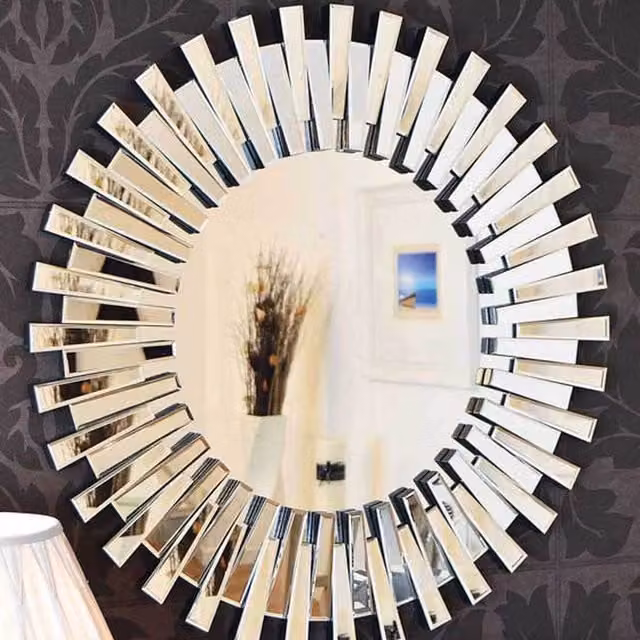 MirrorOutlet Sunburst Stylised Decorative Round Glass Wall Mirror in Silver, Diameter: 91 cm