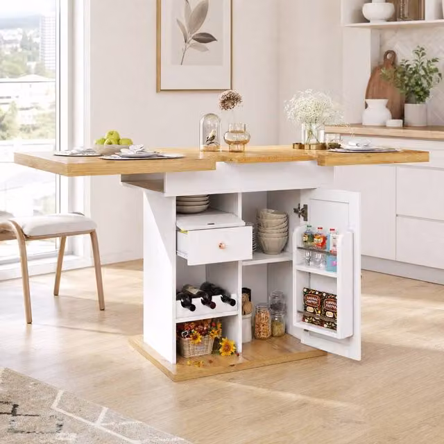 STILVORA Extendable Rectangular Dining Table with Storage and Snack Racks in White – 1